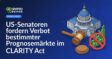 US-Kapitol, Richterhammer und Verbotssymbol über steigendem Dollar-Balkendiagramm vor weißem Hintergrund