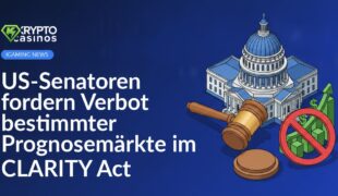 US-Kapitol, Richterhammer und Verbotssymbol über steigendem Dollar-Balkendiagramm vor weißem Hintergrund