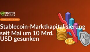 Ein Stapel Münzen mit rotem Pfeil nach unten, fallendes Balkendiagramm und gesprungenes Schild im Hintergrund.