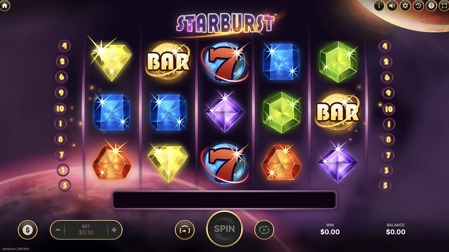starburst slot with colourful gemstone symbols, red sevens and bar icons on five reels