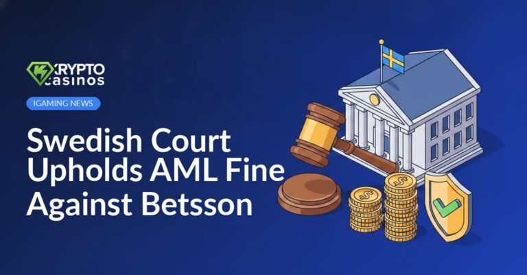 Courthouse with Swedish flag, judge’s gavel striking stack of coins, shield with checkmark in front of blue background