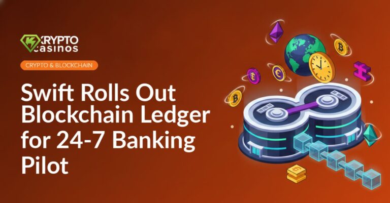 Circular bank buildings connected by glowing cube chain around a globe with a clock ring and floating digital tokens.