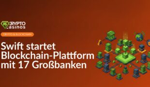 Verschlungene Linien verbinden stilisierte Bankgebäude vor blauem Hintergrund mit Blockchain-Symbolen und Netzwerkpunkten.