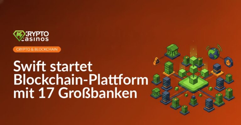 Verschlungene Linien verbinden stilisierte Bankgebäude vor blauem Hintergrund mit Blockchain-Symbolen und Netzwerkpunkten.
