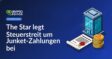 Hochhaus neben Dokument mit offiziellem Siegel und Münzstapel mit Warnzeichen vor hellem Hintergrund.