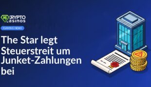 Hochhaus neben Dokument mit offiziellem Siegel und Münzstapel mit Warnzeichen vor hellem Hintergrund.