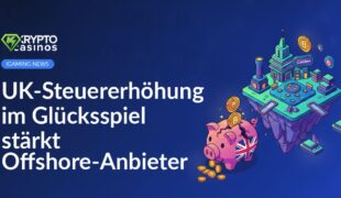 Hand mit Geldscheinen neben Würfeln und Spielchips auf dunklem Tisch vor britischer Flagge im Hintergrund