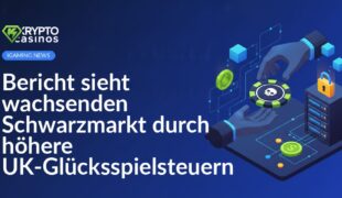 Münzen und Spielkarten liegen auf einem dunklen Tisch, im Hintergrund verschwommene Geldscheine und Schatten.