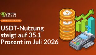 Stapel digitaler Münzen mit Schild-Emblem, aufsteigendes Balkendiagramm und kontaktloses Zahlungsterminal nebeneinander.