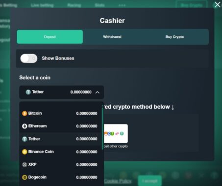 how-to screenshot showing available coins at Vave casino