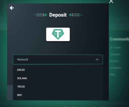 how-to screenshot showing available Tether networks at Vave casino