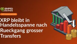 Isometrisches Börsengebäude, fallendes Balkendiagramm mit Pfeil nach unten, Stapel aus Dollar-Münzen daneben