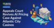 Courthouse with gavel, AI server rack displaying floating price tags, split U.S. map overlaid with legal documents.