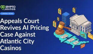 Courthouse with gavel, AI server rack displaying floating price tags, split U.S. map overlaid with legal documents.