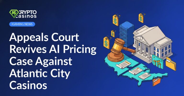 Courthouse with gavel, AI server rack displaying floating price tags, split U.S. map overlaid with legal documents.
