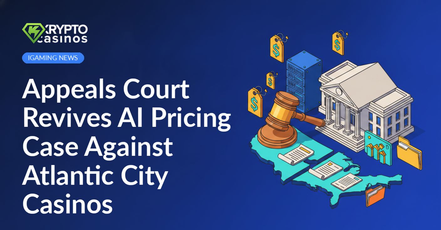 Courthouse with gavel, AI server rack displaying floating price tags, split U.S. map overlaid with legal documents.