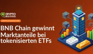 Transparenter Blockchain-Würfel, Stapel ETF-Dokumente mit steigender Kurve, token-verknüpftes Bürogebäude, Goldbarren.