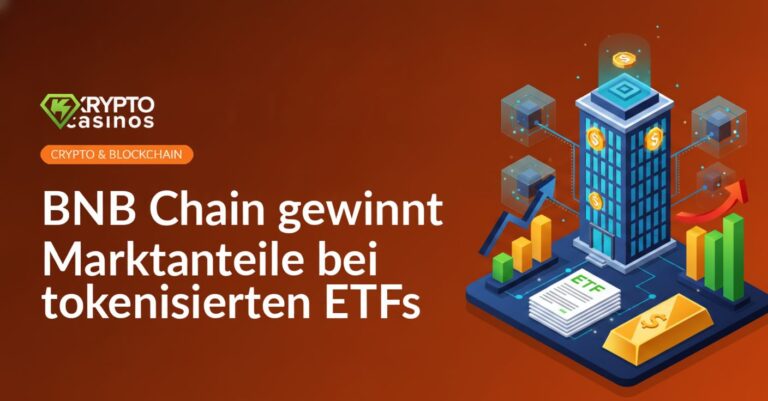 Transparenter Blockchain-Würfel, Stapel ETF-Dokumente mit steigender Kurve, token-verknüpftes Bürogebäude, Goldbarren.