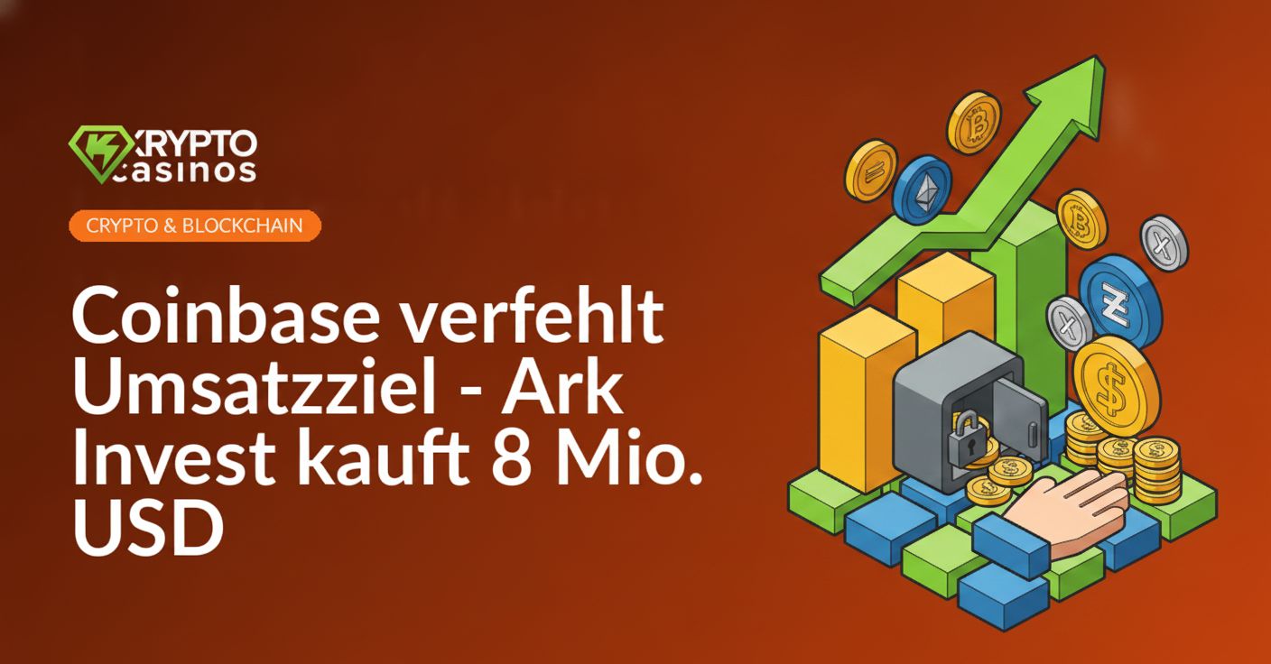 Coinbase-Logo vor blauem Hintergrund, daneben Balkendiagramm mit fallenden Umsatzzahlen und Ark Invest Logo unten rechts.