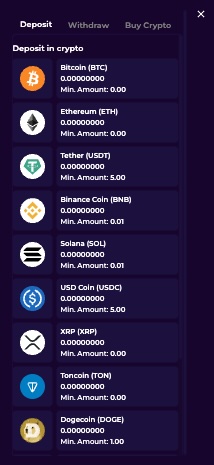 The image shows the deposit options for Crashino EN
