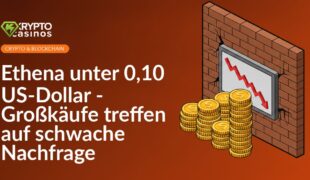 Abwärtstrend-Diagramm, hohe Münzstapel drücken gegen Mauern, dunkler Hintergrund mit rotem Chartverlauf.