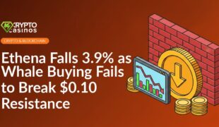 Large digital coin next to a downward red arrow, price chart screen, and brick wall with stacks of coins behind it.