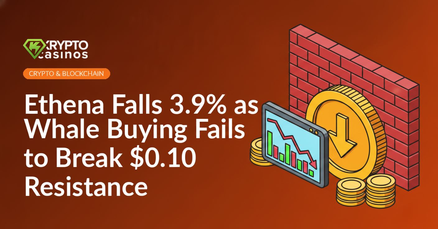 Large digital coin next to a downward red arrow, price chart screen, and brick wall with stacks of coins behind it.