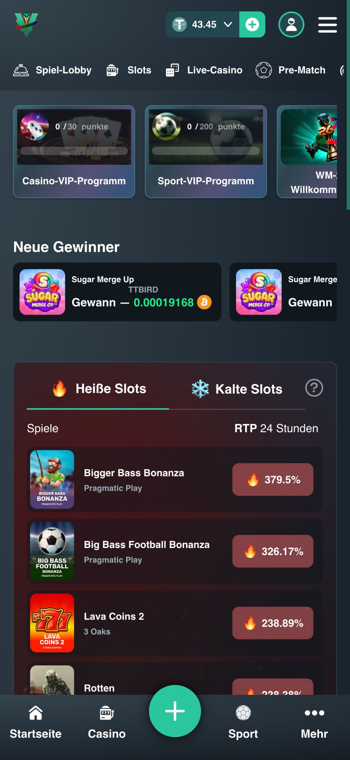 Das Bild zeigt die mobile Version des Vave Casinos CH mit der Startseite inkl. Bonusangebot und Spiellobby