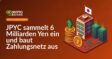 Isometrisches Bürogebäude mit japanischer Flagge, aufgetürmte Yen-Münzen und steigender Pfeil, verbundene Server-Schränke