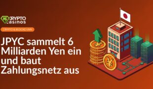 Isometrisches Bürogebäude mit japanischer Flagge, aufgetürmte Yen-Münzen und steigender Pfeil, verbundene Server-Schränke