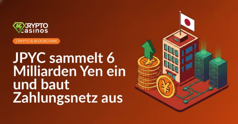 Isometrisches Bürogebäude mit japanischer Flagge, aufgetürmte Yen-Münzen und steigender Pfeil, verbundene Server-Schränke