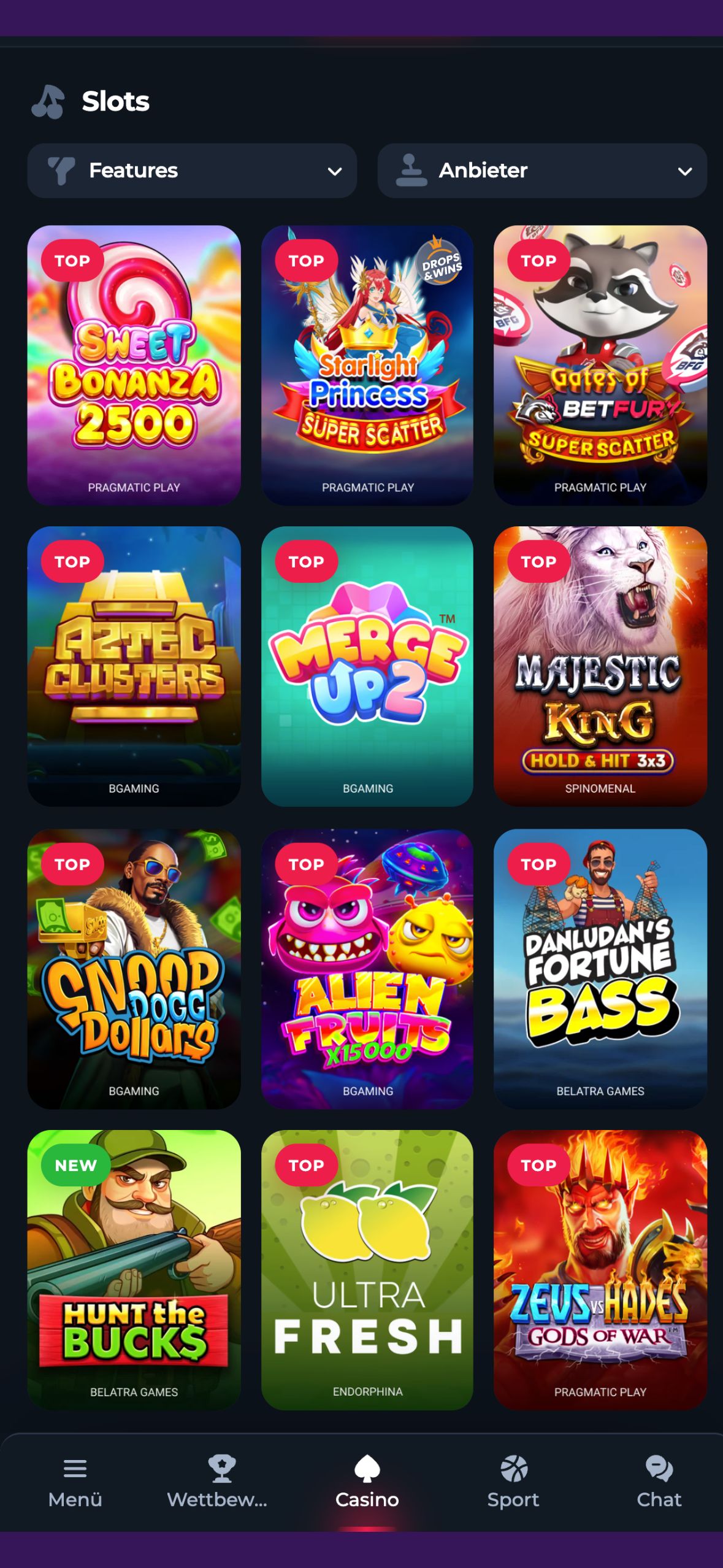 Das Bild zeigt die Spielauswahl in einem No Deposit Casino