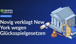 Gerichtsgebäude im Hintergrund, im Vordergrund ein Hammer auf Dokument und ein Schild schützt ein Gesetzbuch.
