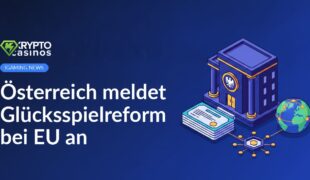 Österreichisches Regierungsgebäude mit Staatswappen, Stapel von 13 Lizenzurkunden und Globus mit Netzwerkverbindungen.