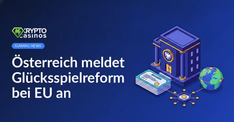 Österreichisches Regierungsgebäude mit Staatswappen, Stapel von 13 Lizenzurkunden und Globus mit Netzwerkverbindungen.