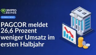 Regierungsgebäude neben Finanzbericht mit rotem Abwärtspfeil und schrumpfendem Münzstapel auf weißem Hintergrund