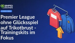 Fußballtrikot mit leerem Brustfeld, Trainingsjacke an Bügel mit Ärmellogo, großer Pfeil zeigt Richtung rechts