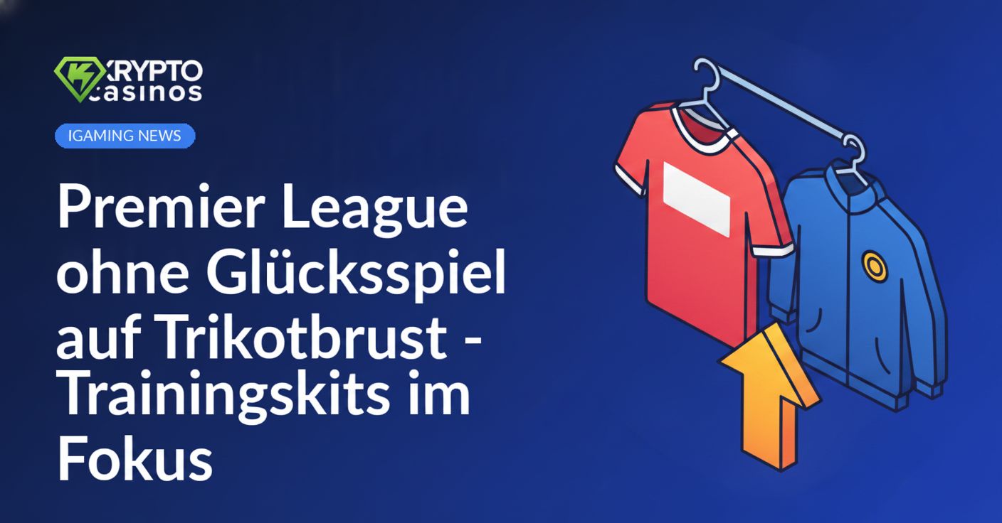 Fußballtrikot mit leerem Brustfeld, Trainingsjacke an Bügel mit Ärmellogo, großer Pfeil zeigt Richtung rechts
