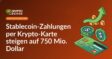 Hand hält Krypto-Karte vor digitalen Iconen von Kryptowährungen und Dollarzeichen auf blauem Hintergrund.