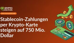 Hand hält Krypto-Karte vor digitalen Iconen von Kryptowährungen und Dollarzeichen auf blauem Hintergrund.