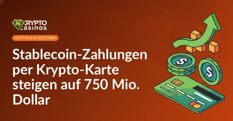 Hand hält Krypto-Karte vor digitalen Iconen von Kryptowährungen und Dollarzeichen auf blauem Hintergrund.