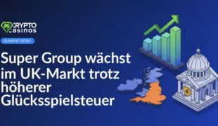 Aufwärts gerichtetes Balkendiagramm, 3D-Karte Europas mit hervorgehobenem UK, Regierungsgebäude mit Schild im Vordergrund