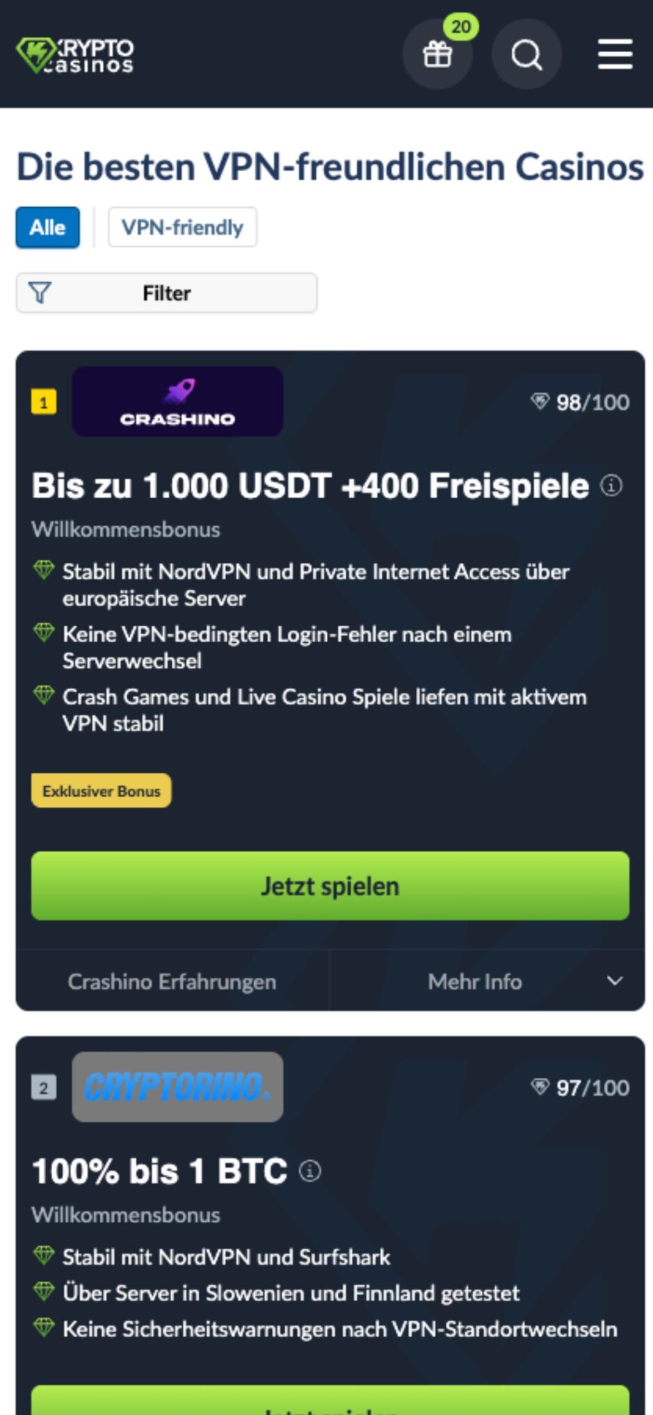 Das Bild zeigt kryptocasinos.com und die Topliste für die besten VPN Casinos in DE