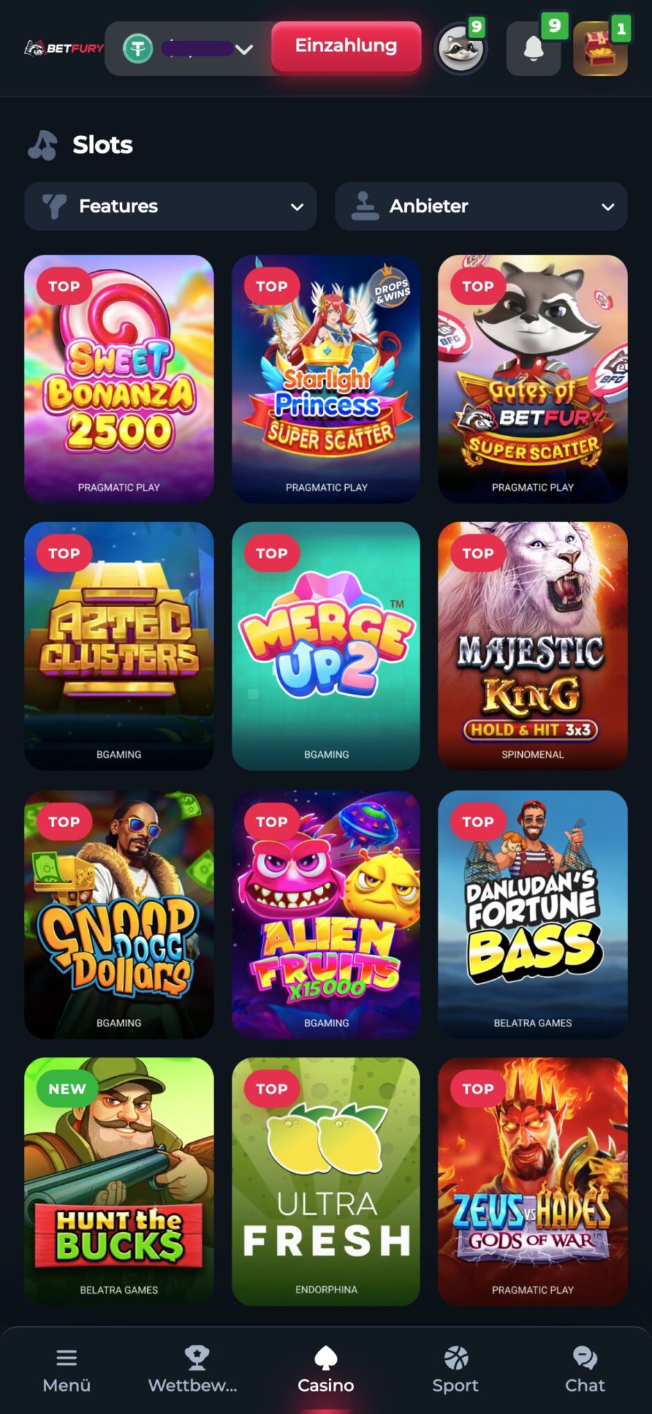 Das Bild zeigt die Spiellobby eines VPN Casinos DE