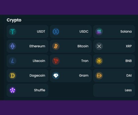 Das Bild zeigt bei der Einzahlung von Winna.com CH, den folgenden Schritt: Kryptoauswahl