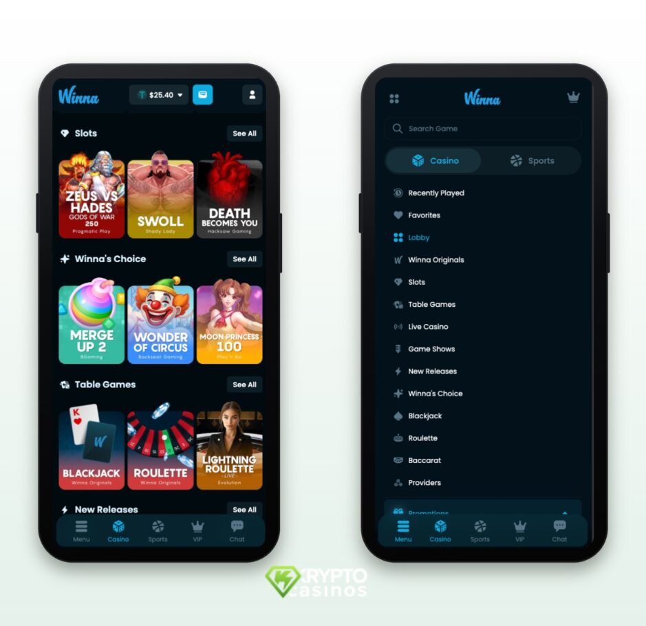 Das Bild zeigt die mobile Version von Winna.com Schweiz. Rechts ist das Hauptmenü und links die Spiellobby