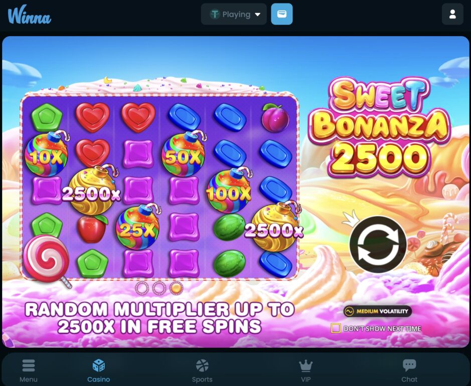 Das Bild zeigt die Sweet Bonanza Demoversion bei Winna.com