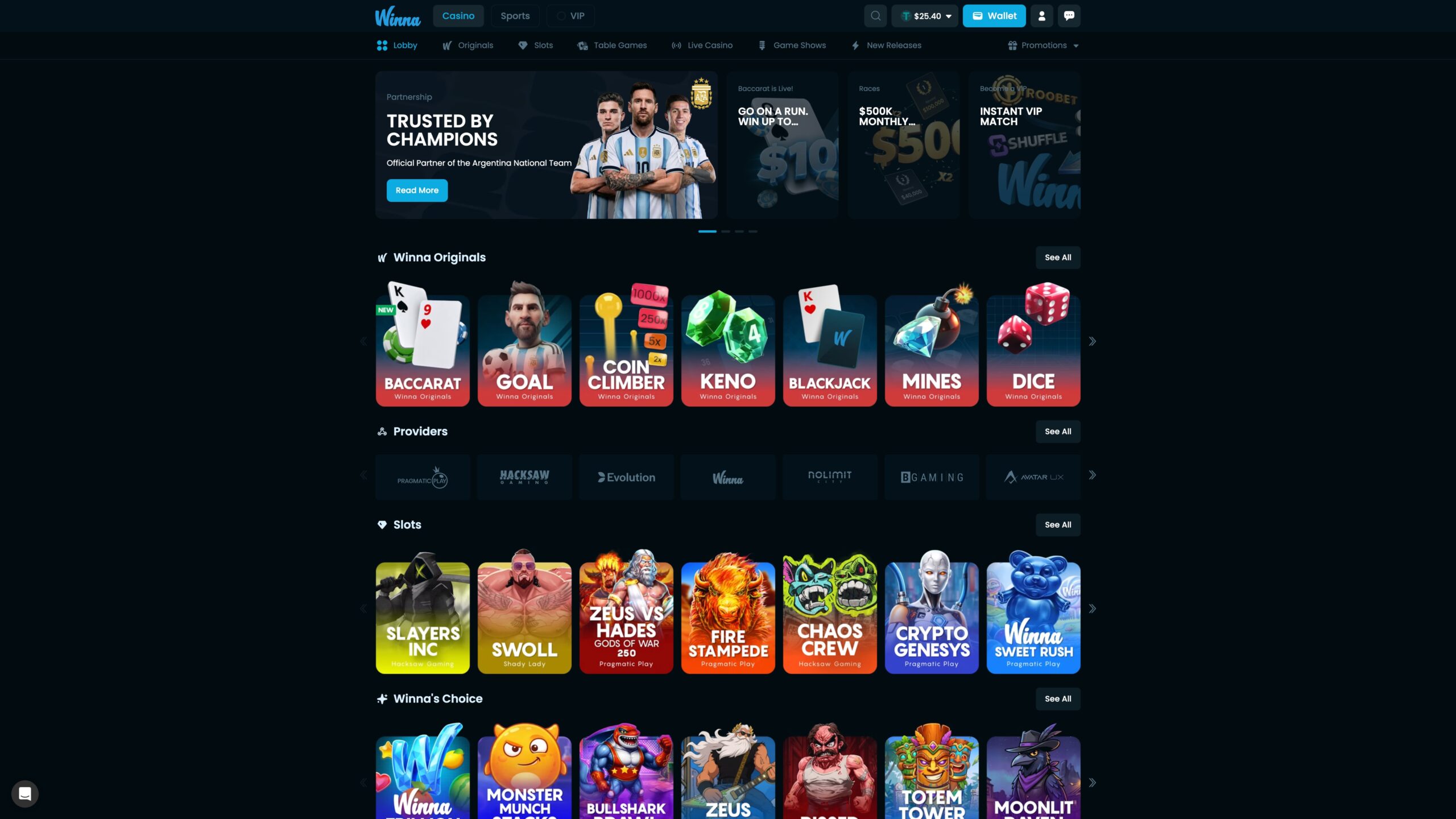 Das Bild zeigt die Desktop Variante von Winna Schweiz mit Bonusbanner und Spiellobby