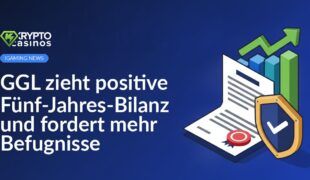 Offizielles Dokument mit Stempel, daneben ein aufsteigendes Balkendiagramm und ein Schutzschild.