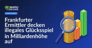 Gestapelte Goldmünzen, eine Lupe und ein steigendes Balkendiagramm.